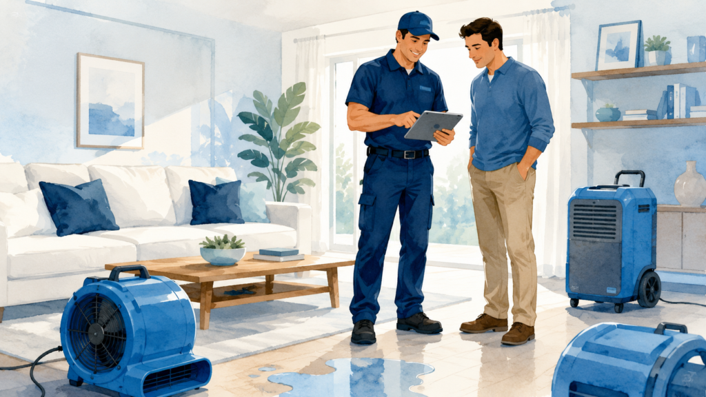 Restoration technician and homeowner assessing clean water on a bright living room floor