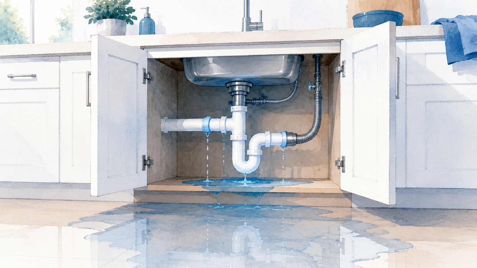 Clean water leaking from a supply line under a kitchen sink onto the floor