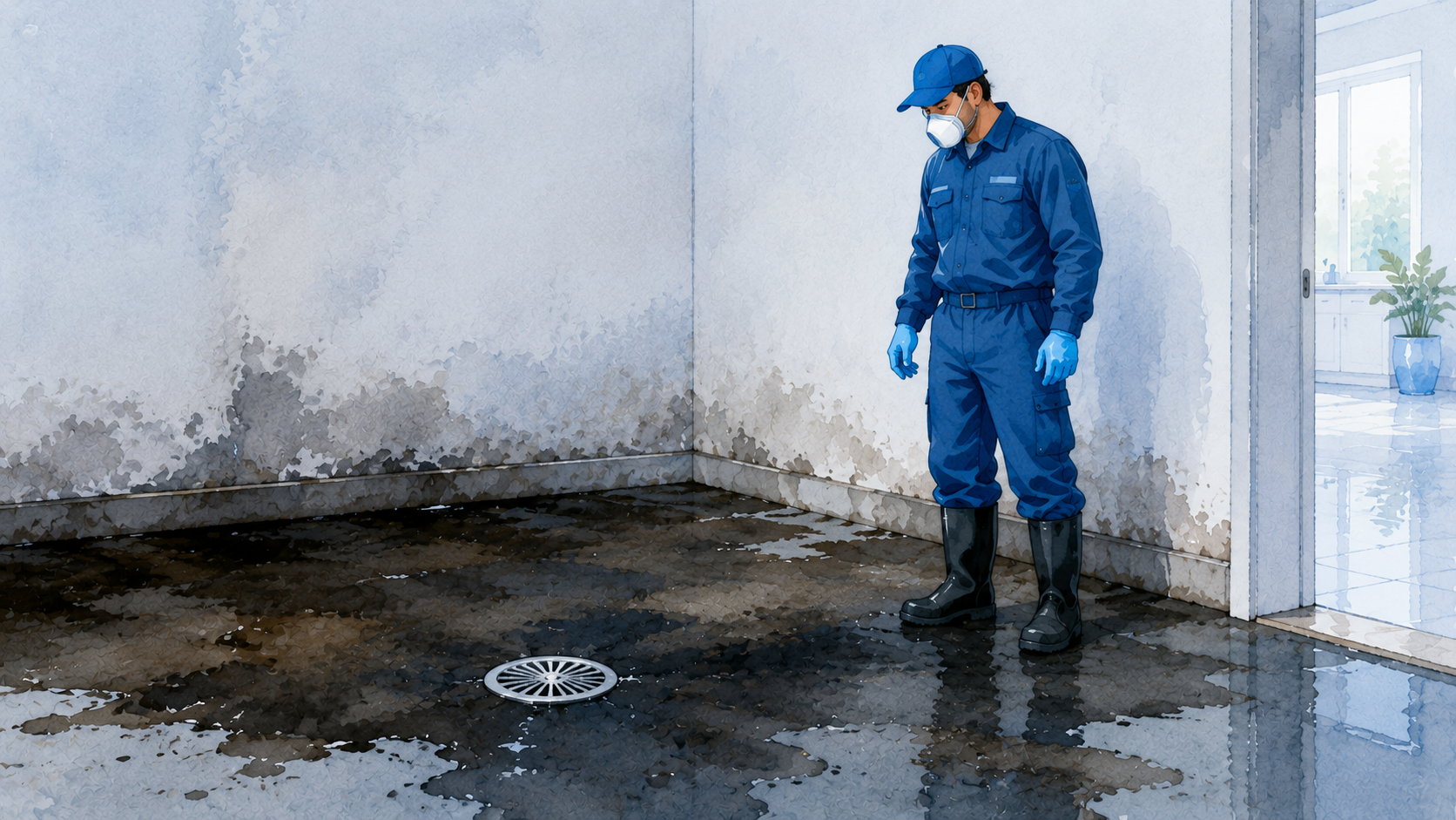 Technician in protective gear standing back from dark contaminated water near a floor drain