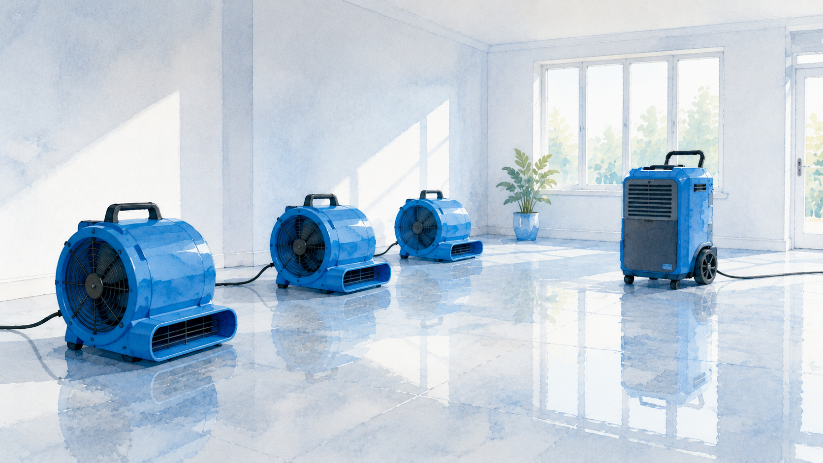 Blue air movers and a dehumidifier drying a bright empty room