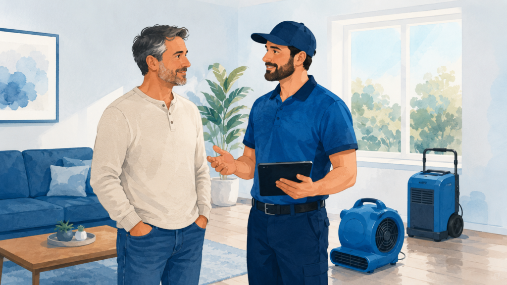 Calm homeowner and restoration technician in a bright dried living room