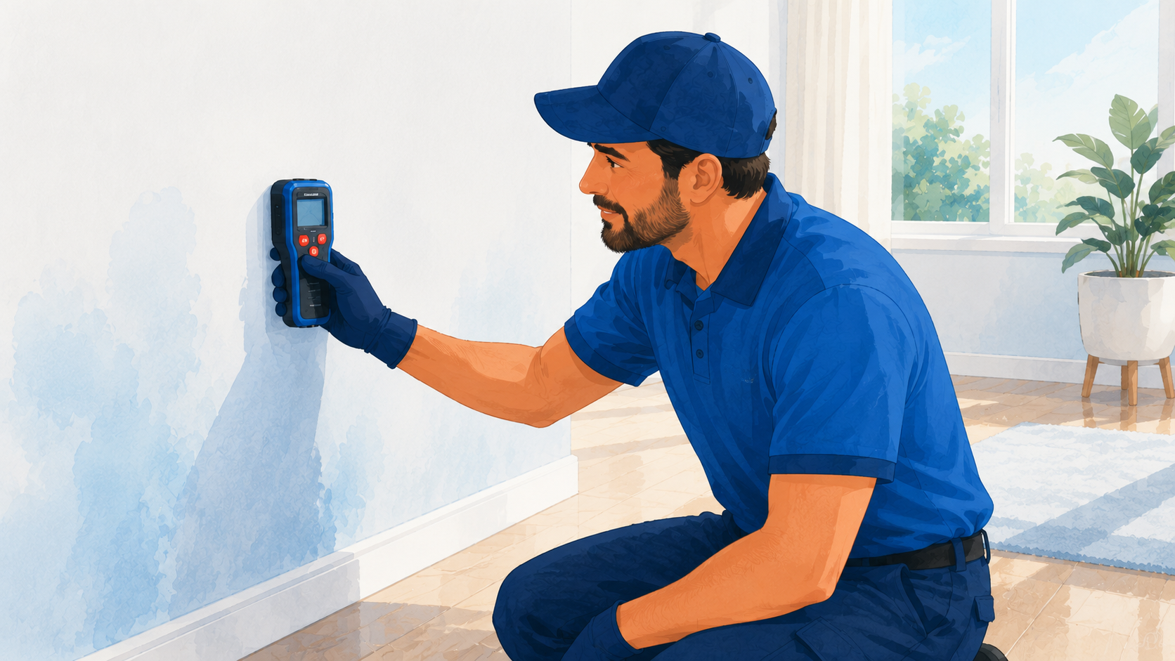 Technician checking a wall with a moisture meter for hidden dampness