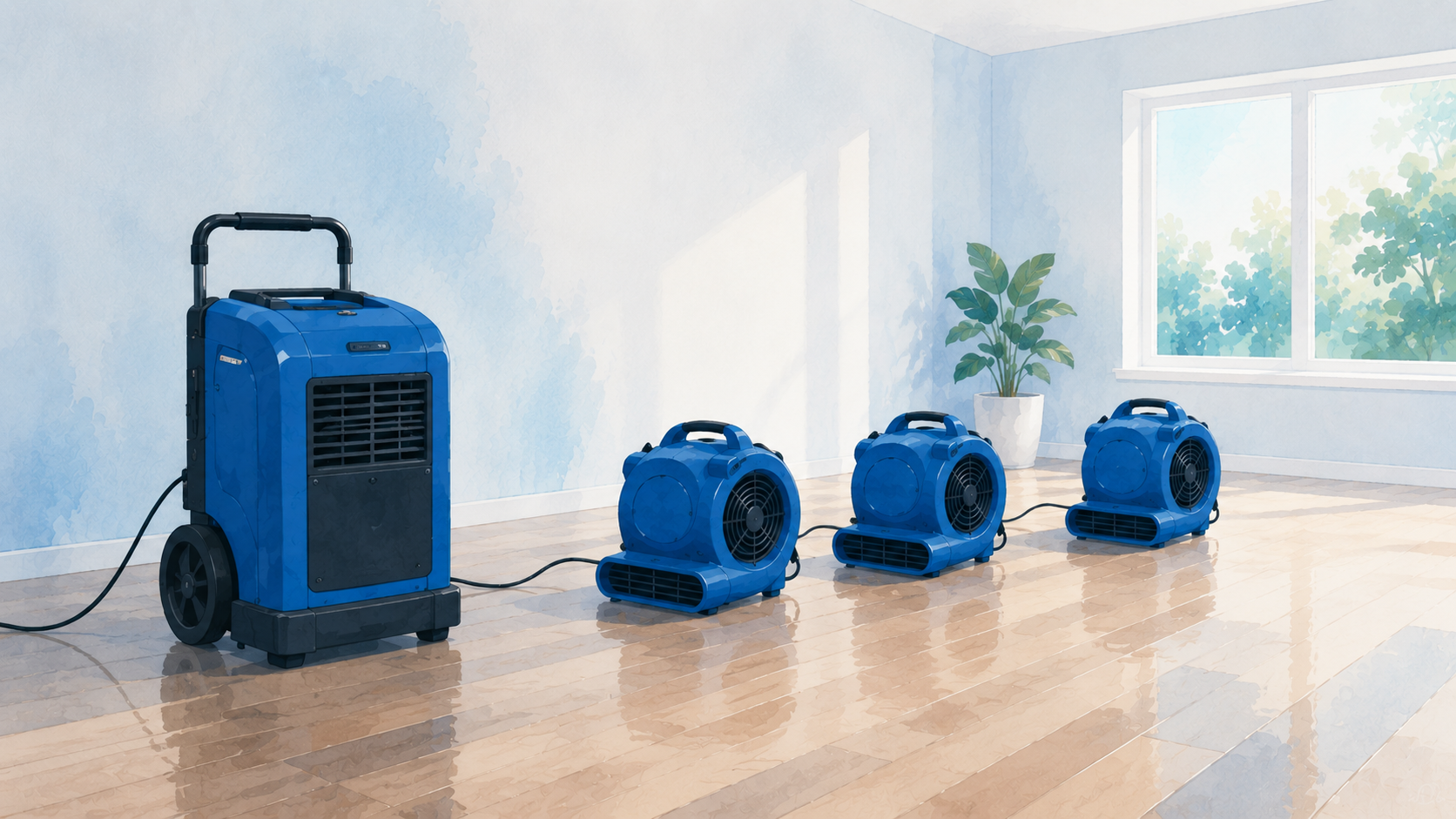 Blue dehumidifier and drying fans working in a bright empty room