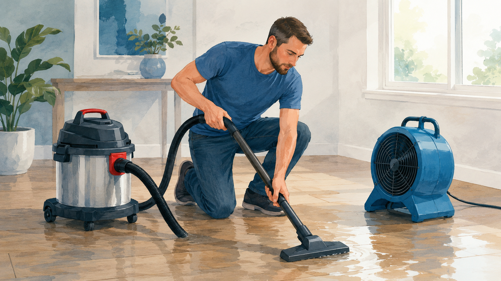 Homeowner using a wet dry vacuum to pull water off a wood floor