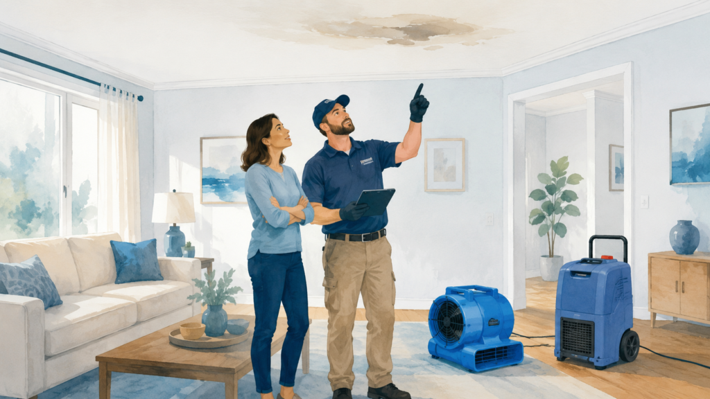 Homeowner and restoration technician looking up at a water stain on a living room ceiling