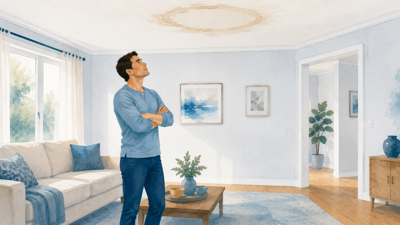 Homeowner looking up at a brown water stain ring on a white ceiling