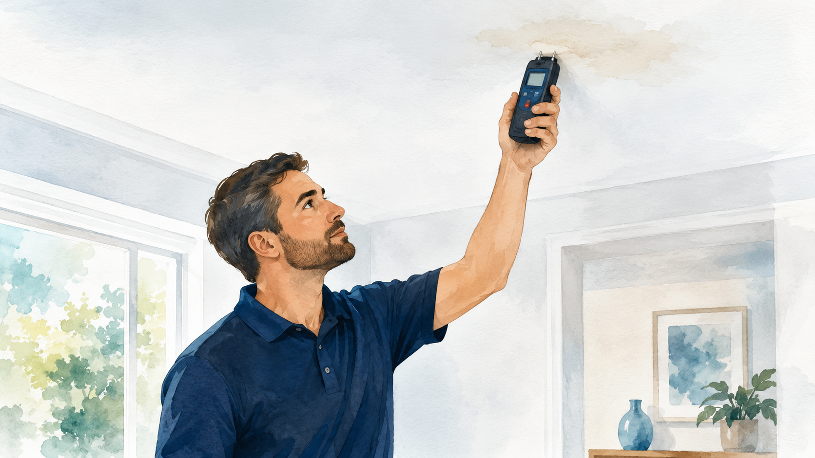 Restoration technician checking a ceiling water stain with a handheld moisture meter