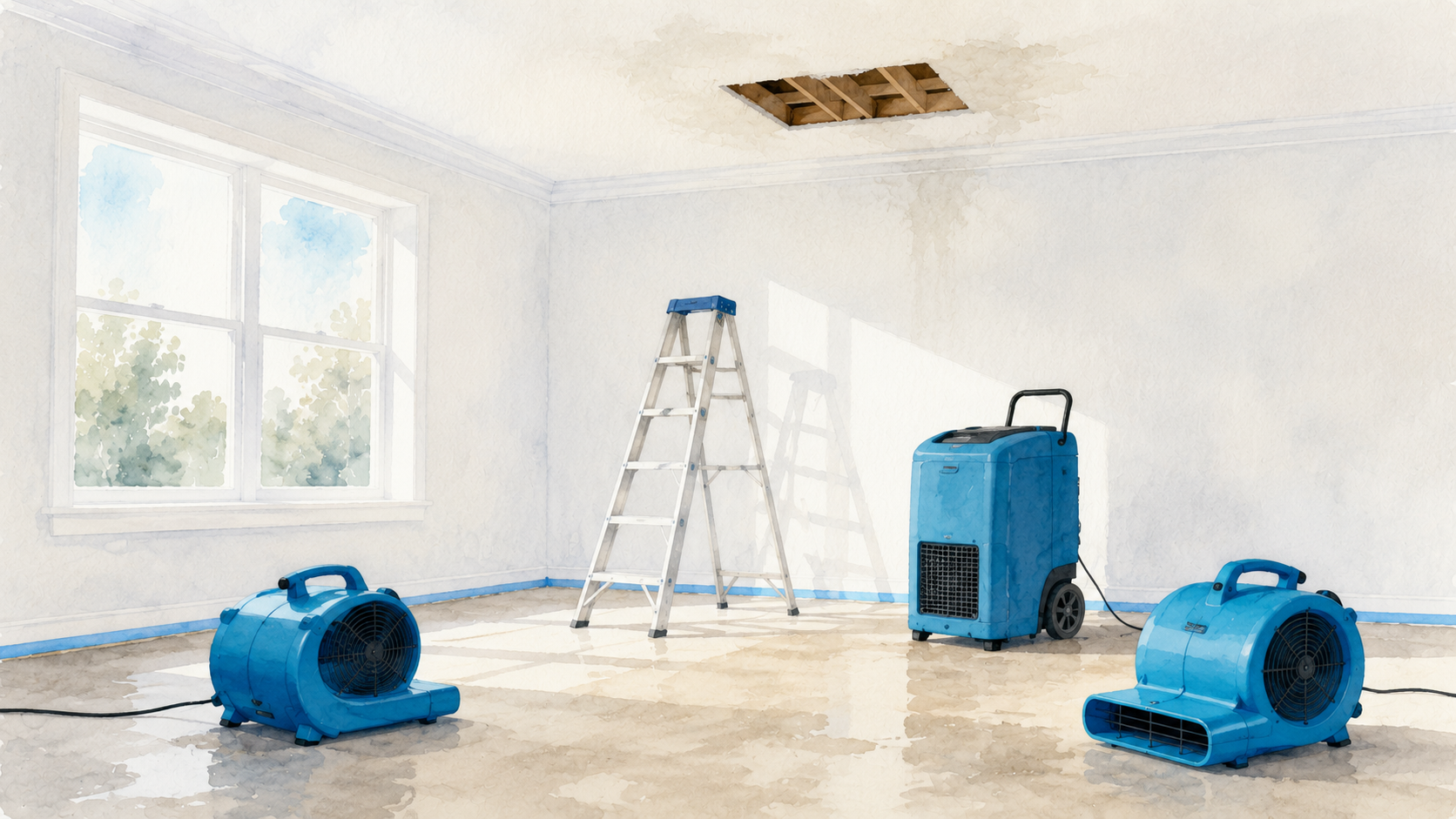 Blue air movers and a dehumidifier drying a room with an opened ceiling patch