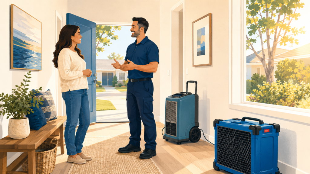 Homeowner talking with a restoration technician in a bright home entry