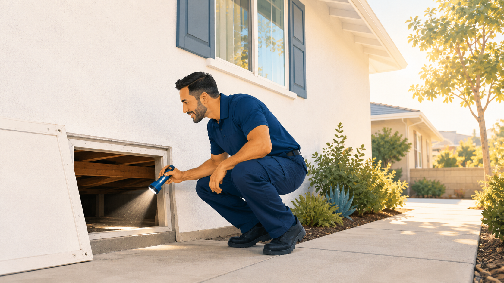Restoration technician checking a crawl space with a work light