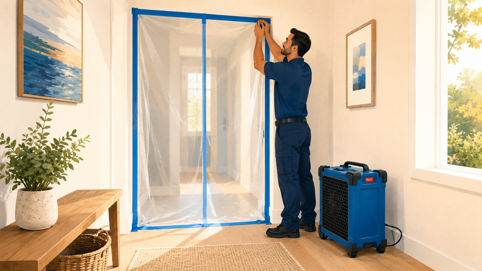 Technician hanging plastic containment sheeting with a HEPA air scrubber