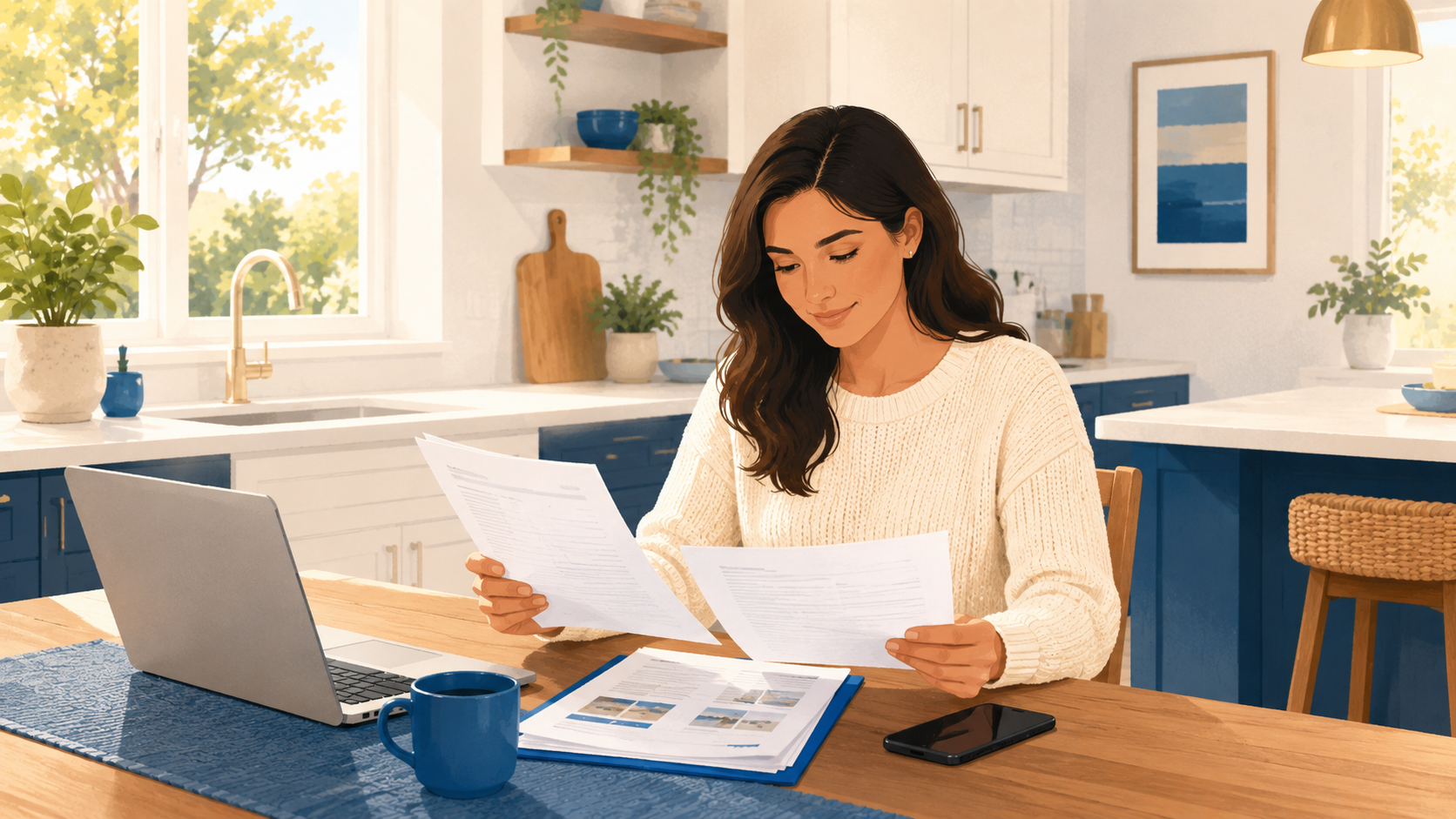 Homeowner reviewing insurance paperwork at a kitchen table