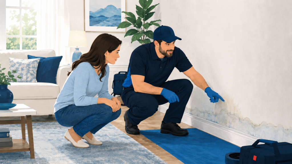 Water stained lower wall being checked by a technician and homeowner