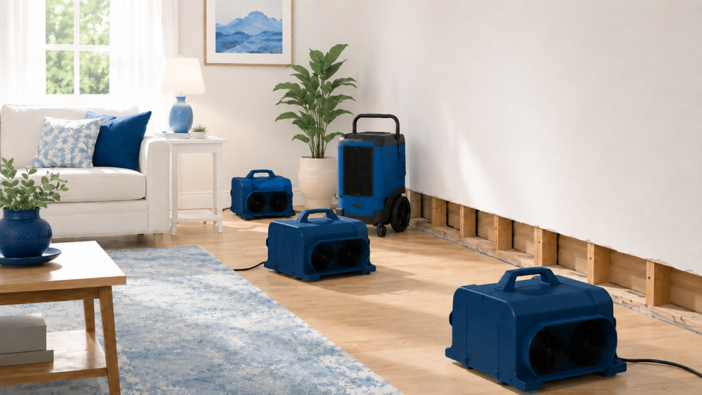 Blue air movers and a dehumidifier drying a wall with the baseboard removed