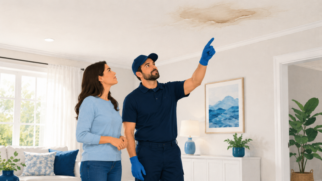 Homeowner and technician looking up at a water stained ceiling