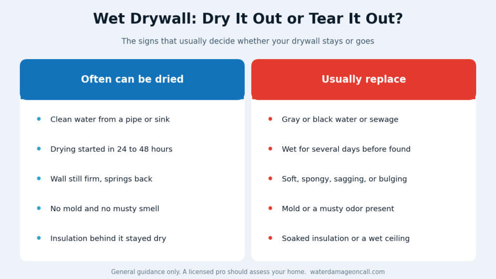 Chart comparing when wet drywall can be dried versus replaced