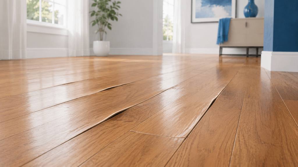 Close view of hardwood floor boards cupped and raised from water damage