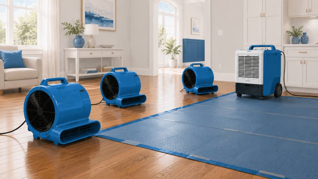 Blue air movers and a dehumidifier drying a hardwood floor with a drying mat
