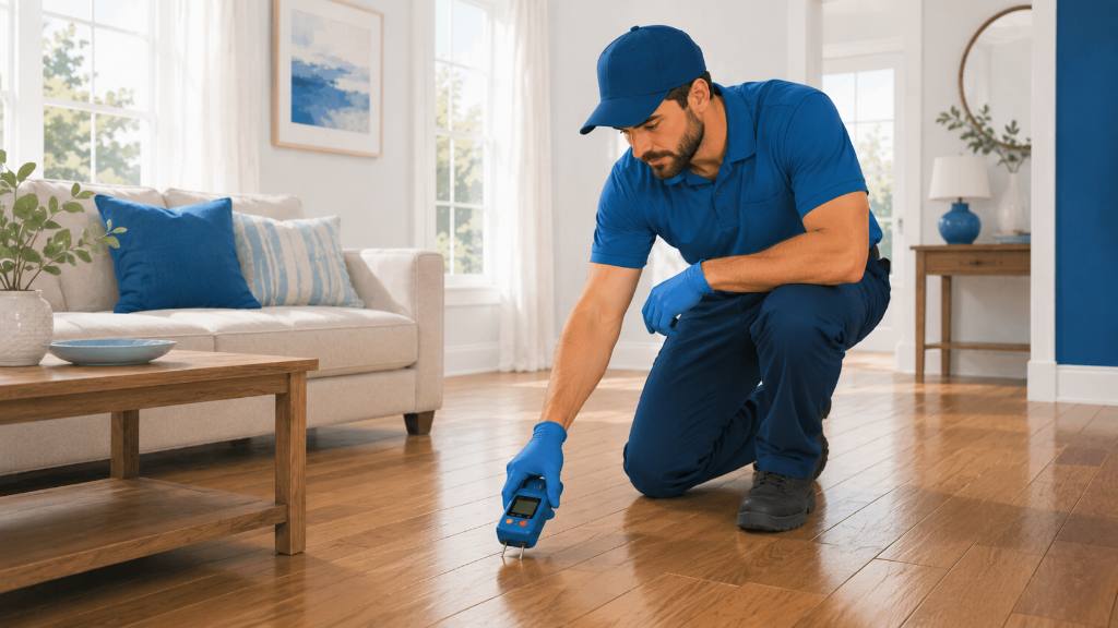 Restoration technician checking a hardwood floor with a handheld moisture meter