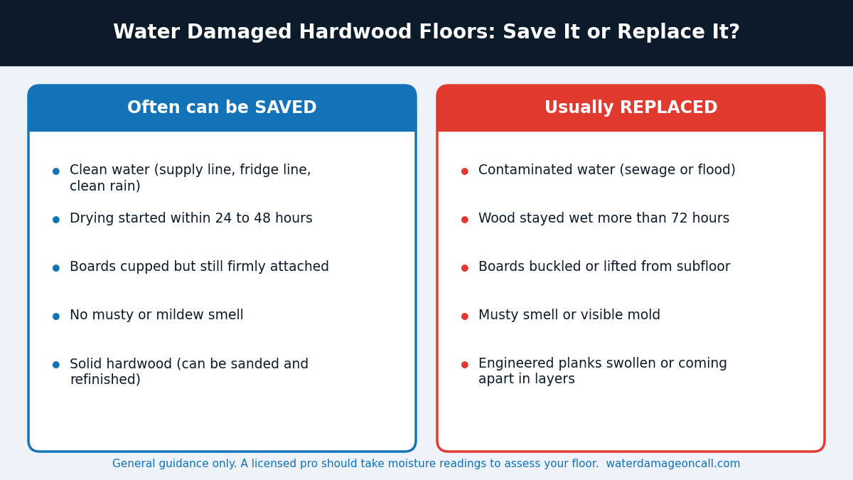 Comparison of when water damaged hardwood floors can be saved versus replaced
