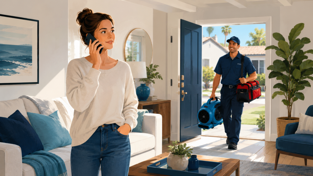 Calm homeowner on the phone as a restoration technician arrives at a bright Sacramento home