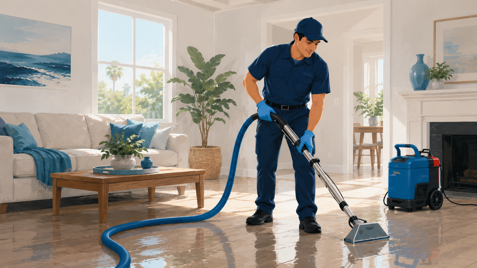 Restoration technician extracting water from a living room floor with a wand