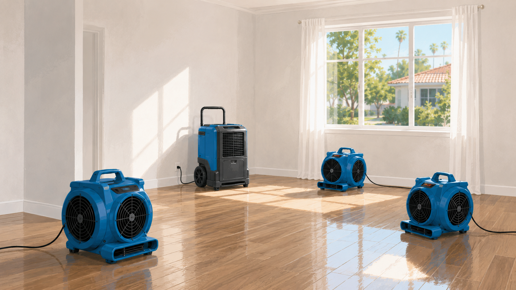 Blue air movers and a dehumidifier drying out a bright room
