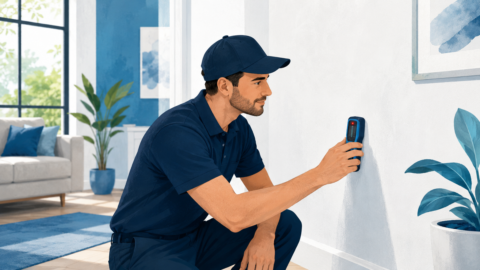 Technician checking a wall for hidden moisture with a moisture meter