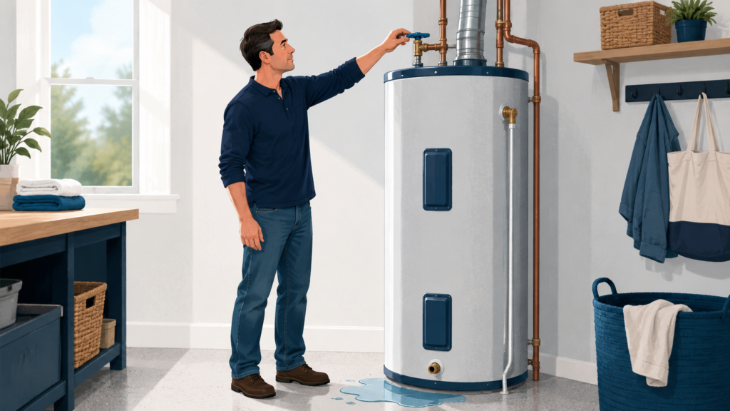 Homeowner shutting off the cold water valve on a leaking water heater