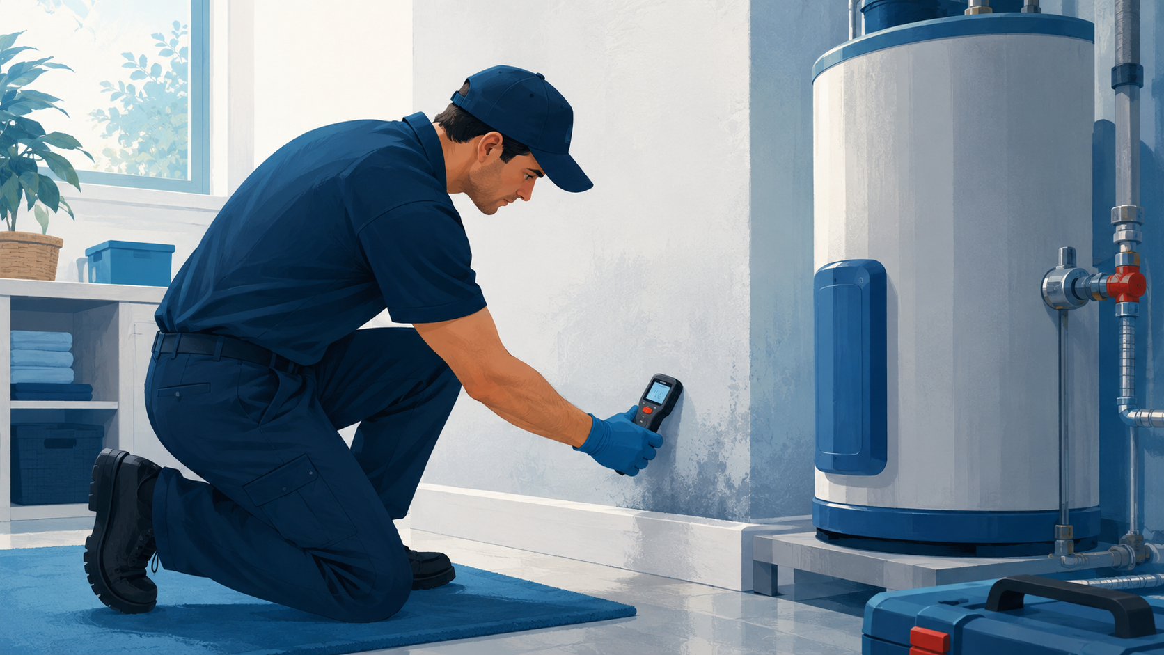 Technician checking a wall for hidden moisture beside a water heater