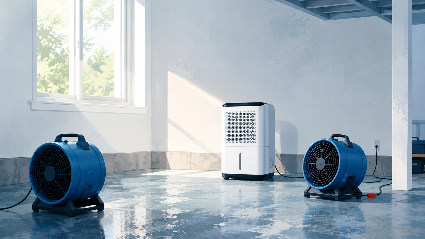 Air movers and a dehumidifier drying a wet utility room floor