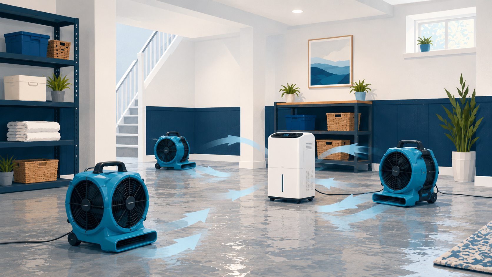 Drying fans and a dehumidifier running in a bright basement to dry the walls and floor