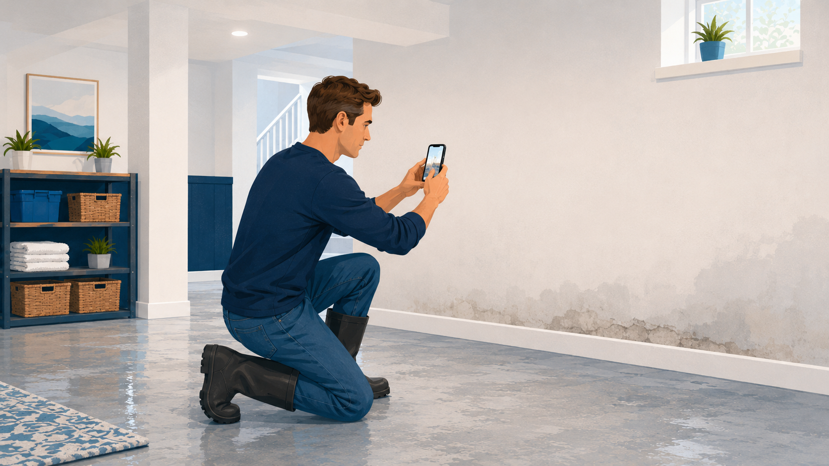 Homeowner taking a phone photo of a water damaged basement wall to document it for insurance