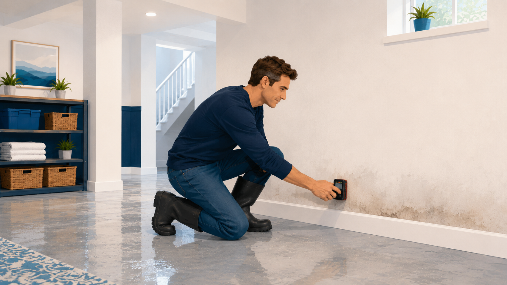 Restoration technician checking a basement wall with a handheld moisture meter
