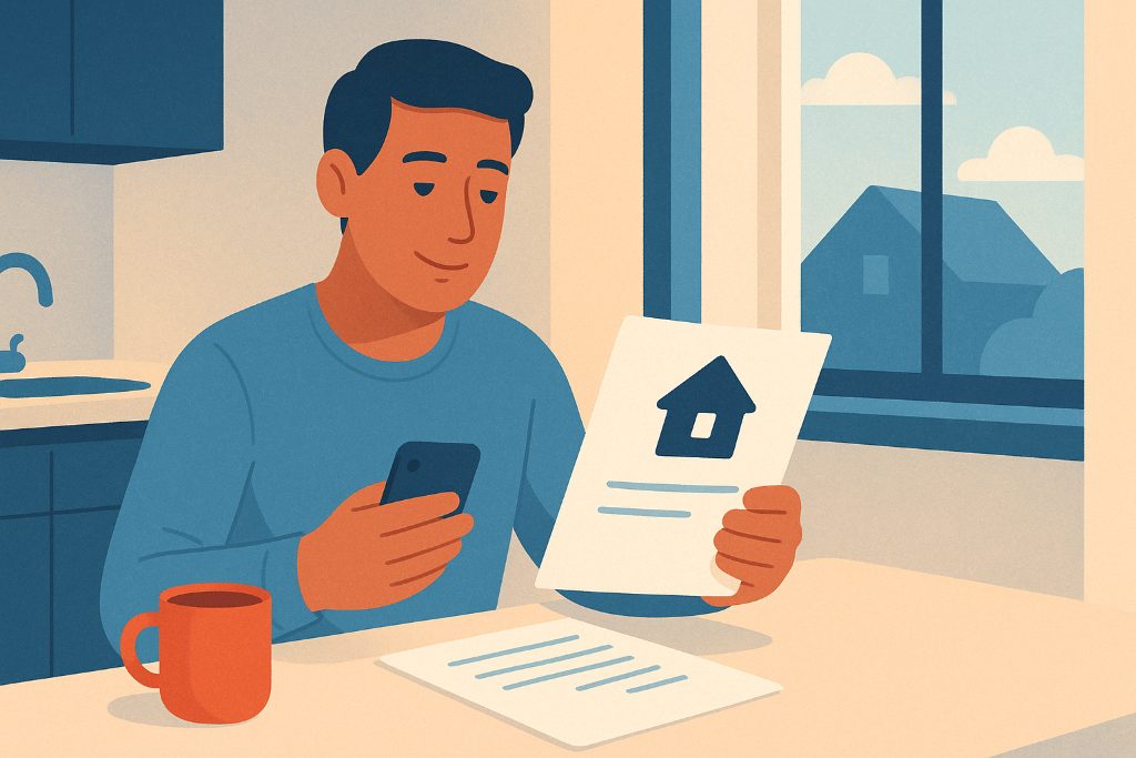 Calm homeowner at a kitchen table reviewing home insurance paperwork