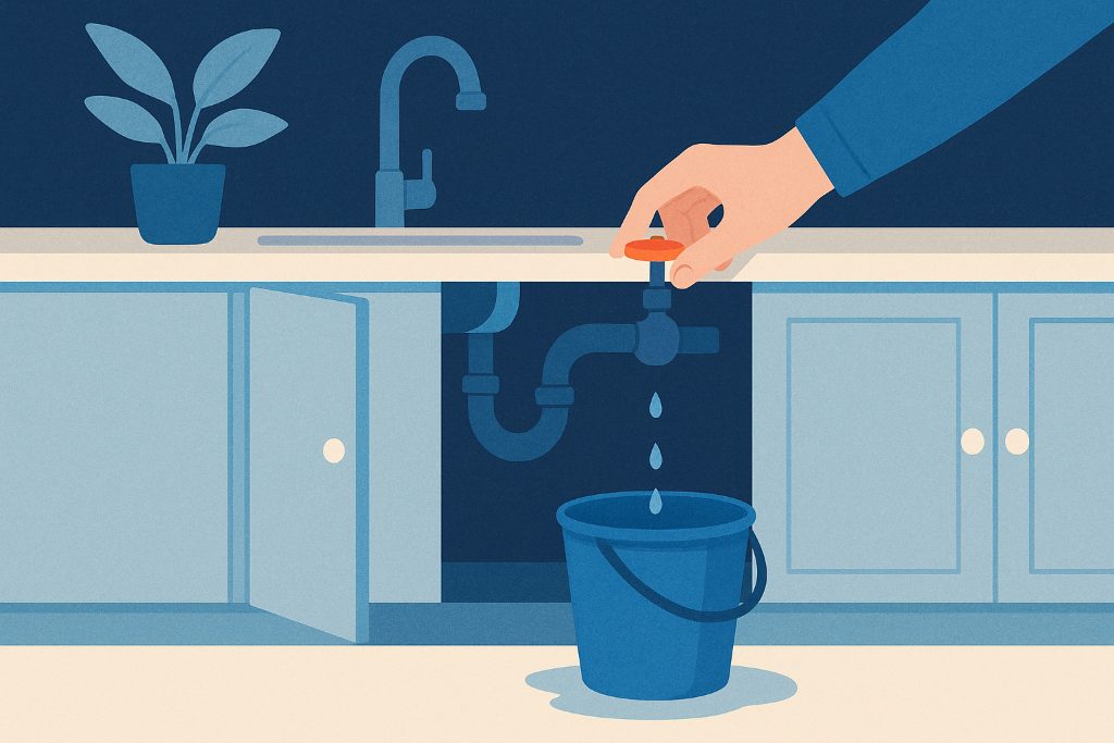 A sudden under sink leak being handled calmly with a bucket and a shutoff valve