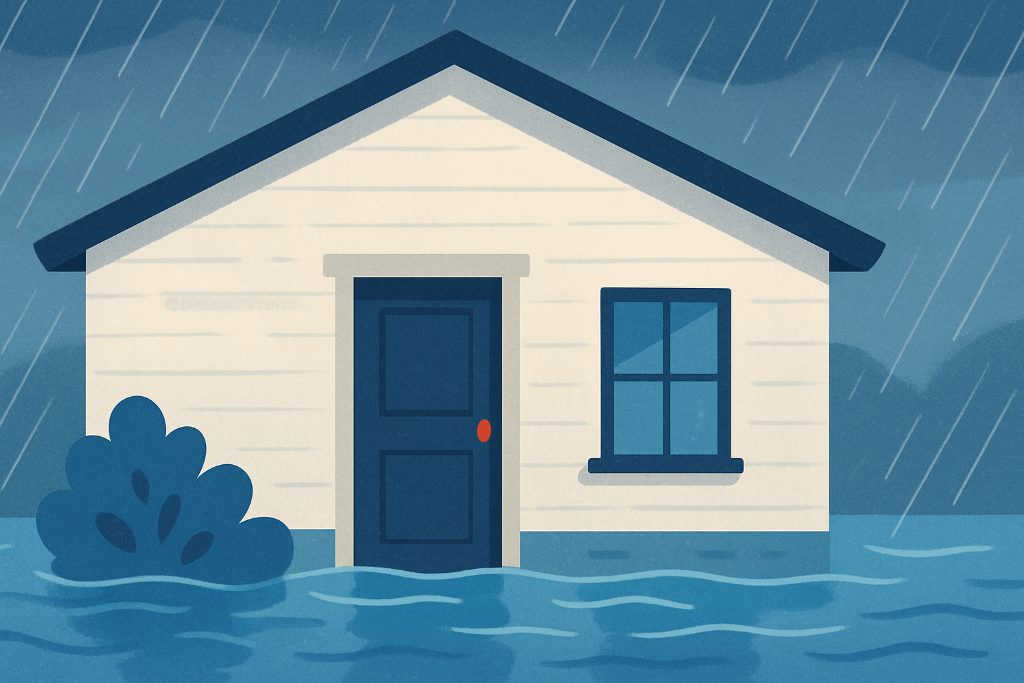 Floodwater from heavy rain pooling at the doorstep of a suburban house