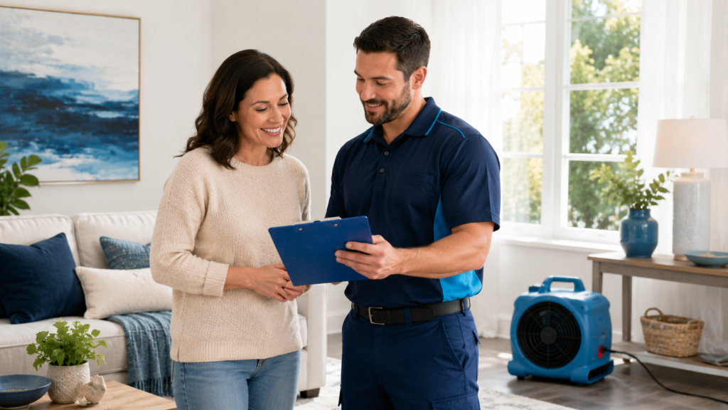 Homeowner and restoration technician reviewing a plan together in a bright living room