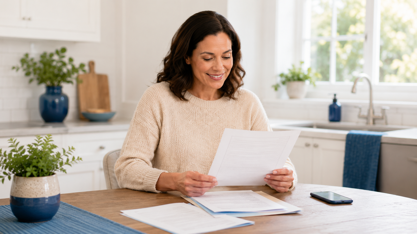 Homeowner reviewing a restoration estimate and insurance paperwork at a kitchen table