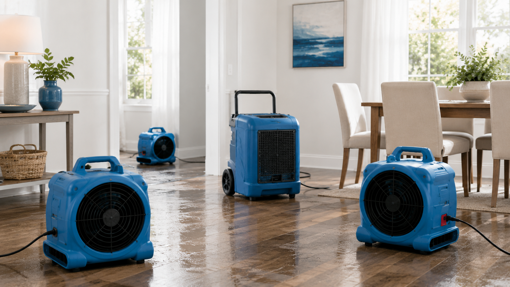 Air movers and a dehumidifier drying a wet hardwood floor