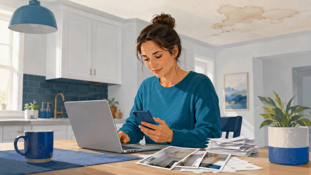 Homeowner filing a water damage insurance claim at a kitchen table