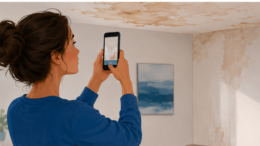 Homeowner photographing a water stained ceiling to document damage