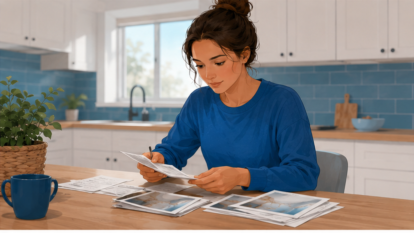 Homeowner organizing receipts and photos for an insurance claim