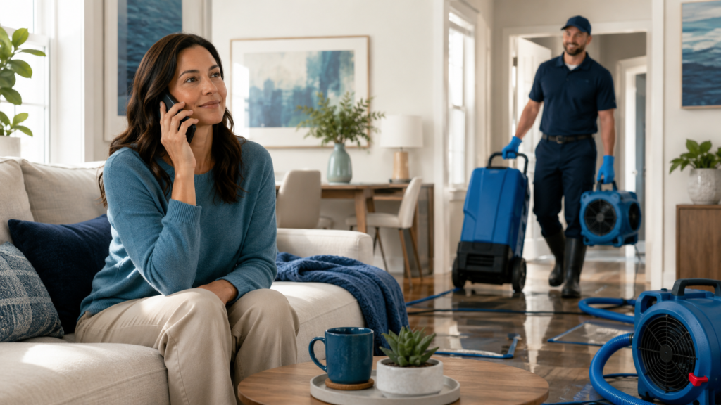 Calm homeowner on the phone getting help as a restoration technician arrives