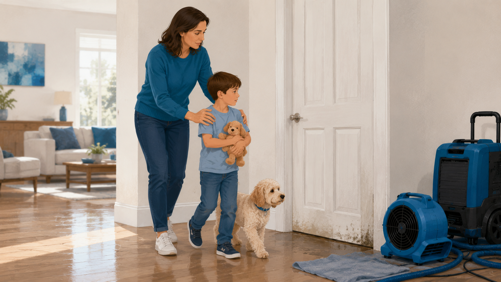 Parent guiding a child and a dog away from an affected room