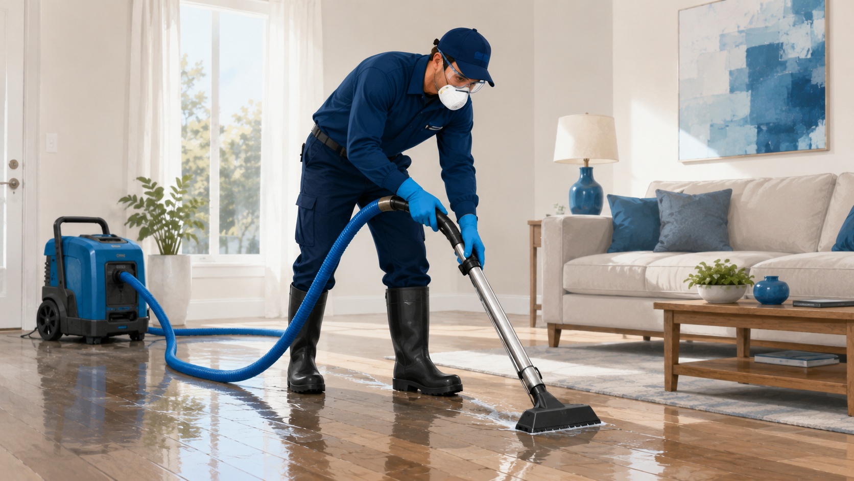 Restoration technician in protective gear extracting water from a floor