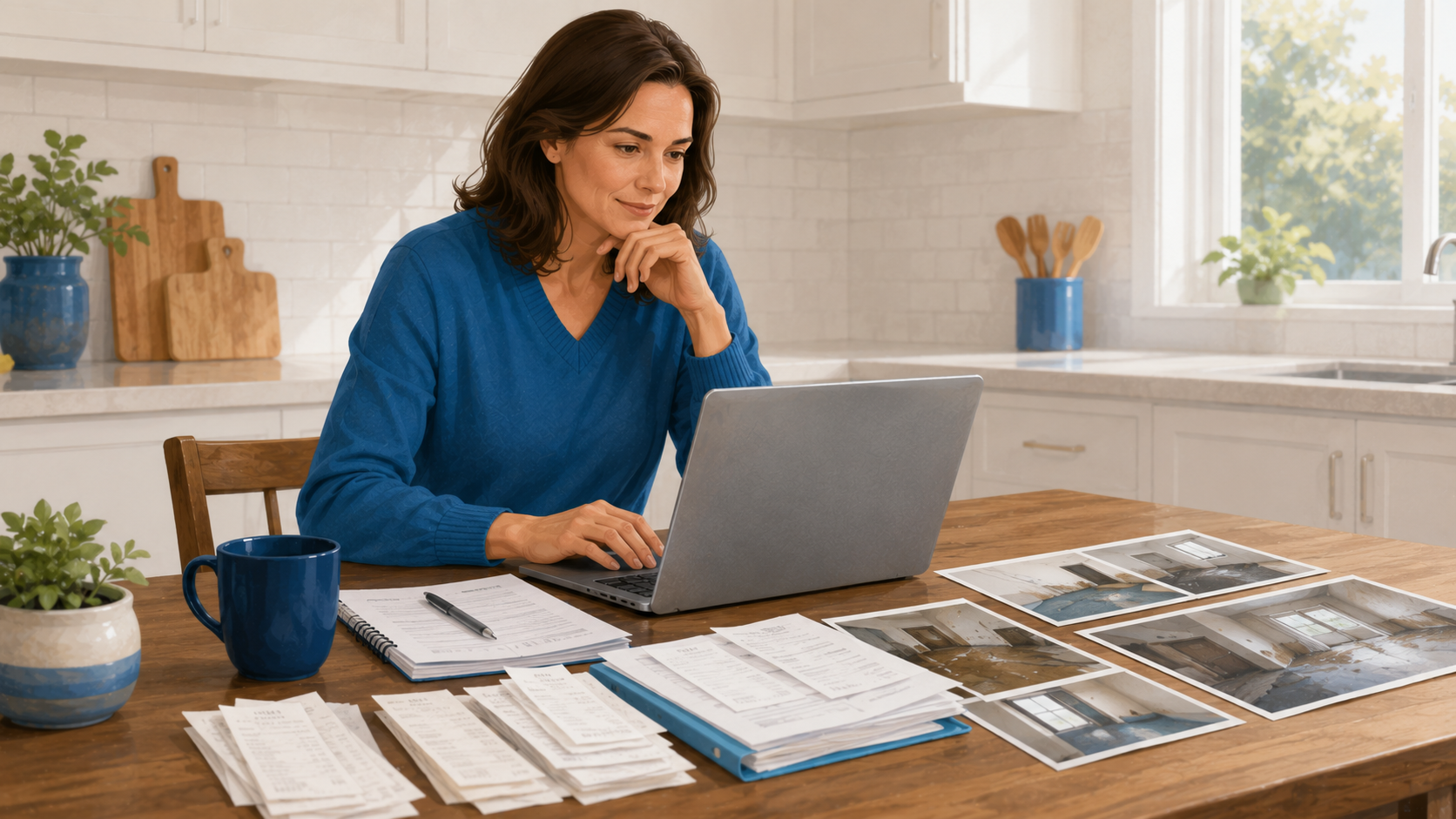 Homeowner at a kitchen table reviewing insurance paperwork with receipts and damage photos