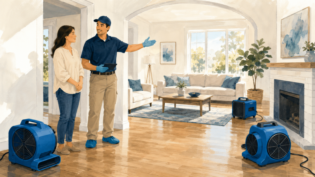 restoration technician and homeowner in a bright dried living room