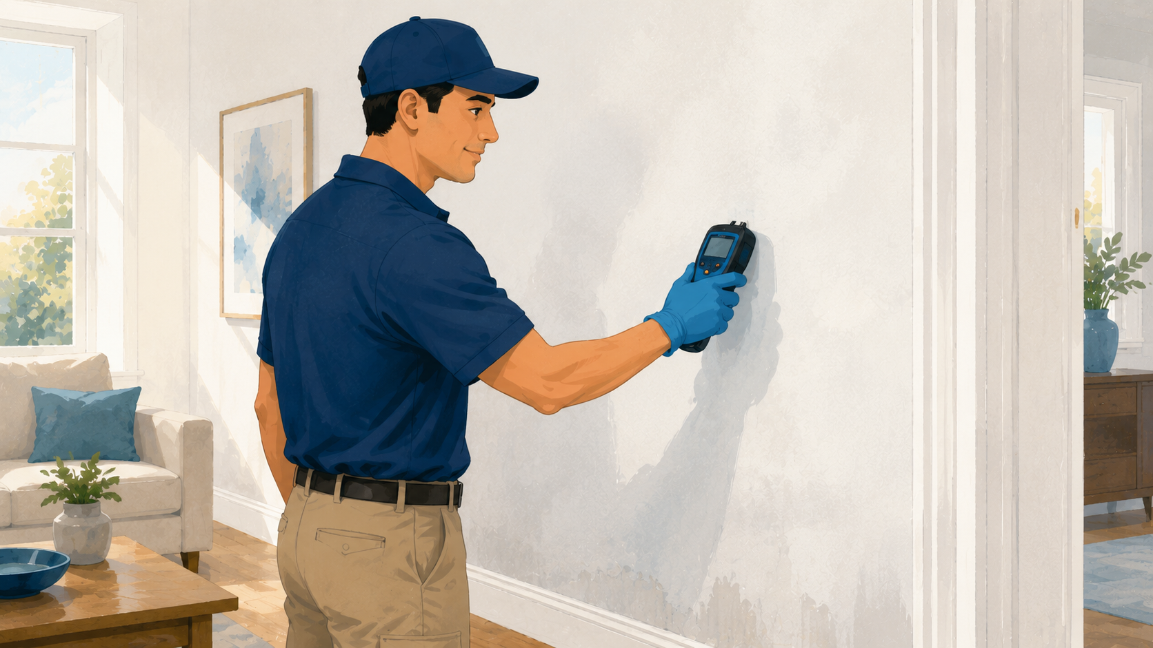 technician checking a wall with a moisture meter for hidden dampness