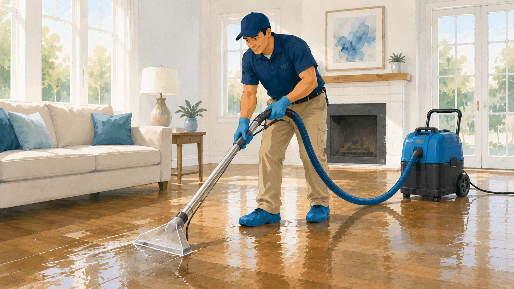 technician using a wand to extract water from a wet floor